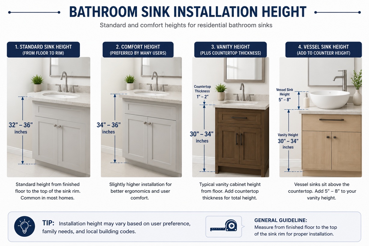 Bathroom sink installation height showing standard, comfort, vanity, and vessel sink height recommendations